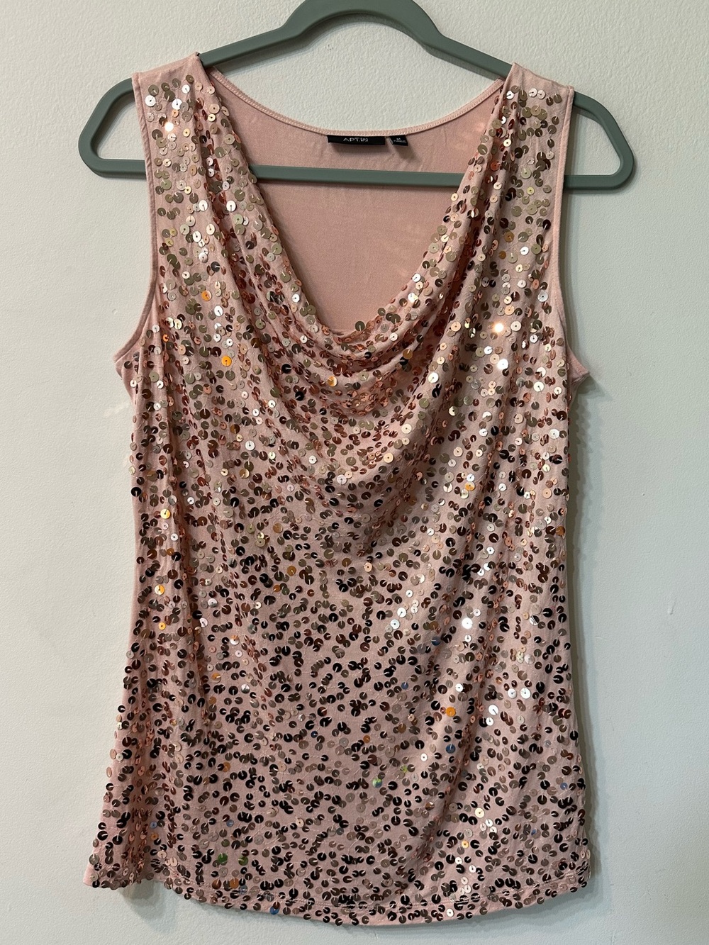Apt 9 Sequin Tank Top Womens Medium M Rose Gold Blush Pink Cowl Neck Party Bling